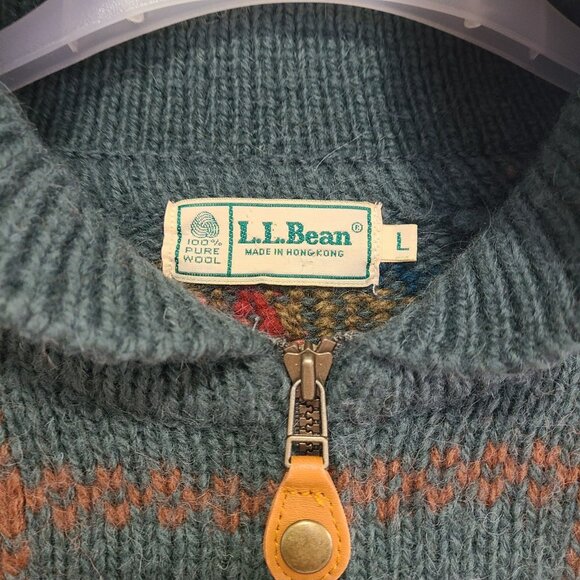 Vintage L.L.Bean 90s Animal Pattern Half-Zip Sweater Knit Size L Green - Picture 6 of 9